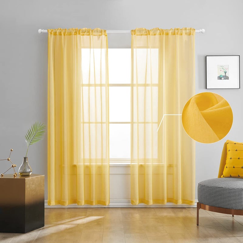 TOAVA DECO Yellow Sheer Curtains 84 Inches Long Semi Faux Linen Yellow Sheer Curtain 84 for Bedroom Living Room Girls Kids Room Butter Yellow Sheer Curtains 2 Panels 52x84 - Image 2